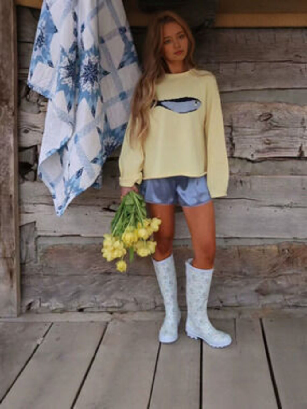 Yellow Carp Pattern Crew Neck Knit Sweater Loose Long Sleeve